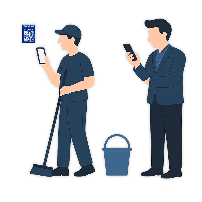 Image représentant les multiples usages de QareData, on y voit un agent d'entretien et un employé de bureau utiliser la solution QareData