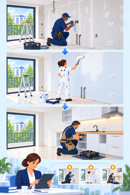 Dans un logement, un électricien, une peintre puis un cuisiniste interviennent successivement ; la gestionnaire suit les étapes à distance.